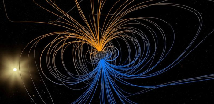 Un'illustrazione dei campi magnetici del polo terrestre con il Sole che si rilassa sullo sfondo.