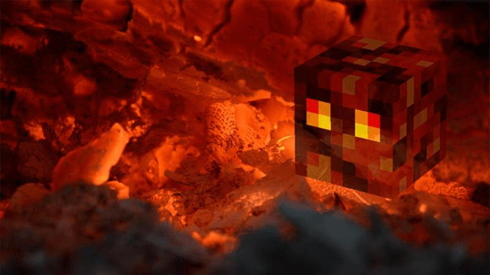 Un blocco Minecraft nella melma infuocata.