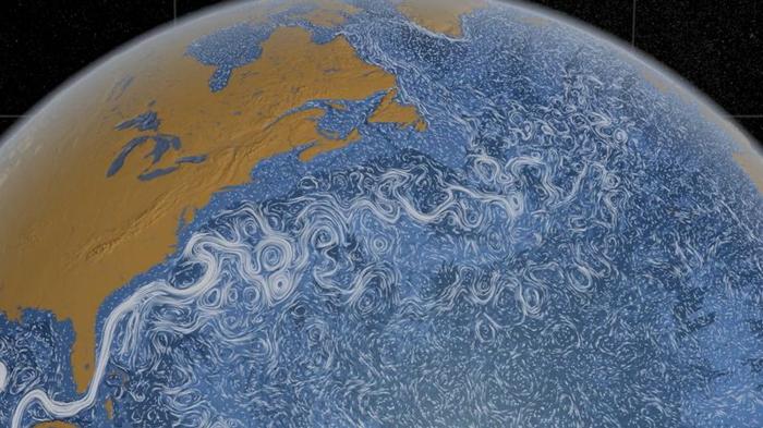 Modello 3D delle correnti oceaniche nell'Oceano Atlantico settentrionale al largo delle coste degli Stati Uniti e del Canada.