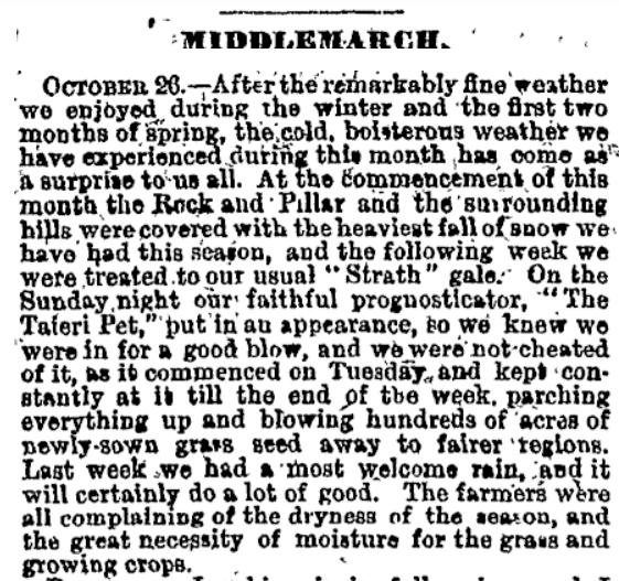 Questa pagina è tratta dall'Otago Witness, Numero 2226, 29 ottobre 1896. Descrive il Taieri Pet come  il nostro vecchio pronosticatore,  perché si forma prima di una tempesta di vento. Credito immagine: Nessun Copyright Conosciuto.