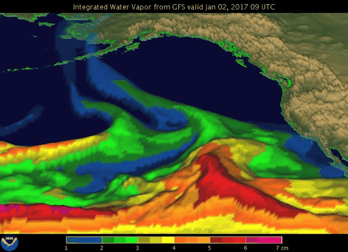 Un GIF che mostra un evento di fiume atmosferico nel gennaio 2017 nel Pacifico al largo della costa del Nord America.