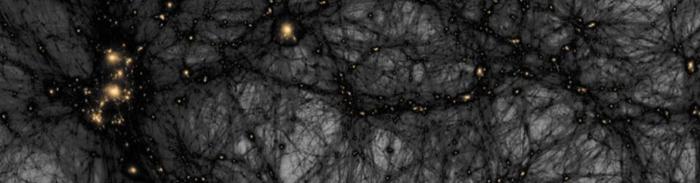 Gli alone di materia oscura fanno parte della Struttura Su Larga Scala dell'Universo, la rete cosmica di materia oscura e ammassi di galassie e superammassi che costituiscono la spina dorsale dell'Universo. Credito Immagine Simulata: Ralf Kaehler/SLAC National Accelerator Laboratory