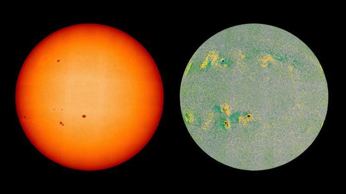 Due immagini del Sole, una in luce visibile che mostra un disco piano con alcune macchie scure. L'altra è il campo magnetico che traccia le macchie scure ma anche le connette in modi non visibili in luce visibile.