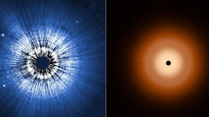 due immagini affiancate. Quella dell'hubble assomiglia un po' a un disco LP con sottili solchi e raggi che si estendono dal centro, mentre quella del jwst è molto liscia e uniforme con una struttura ad anello lontano dalla stella.