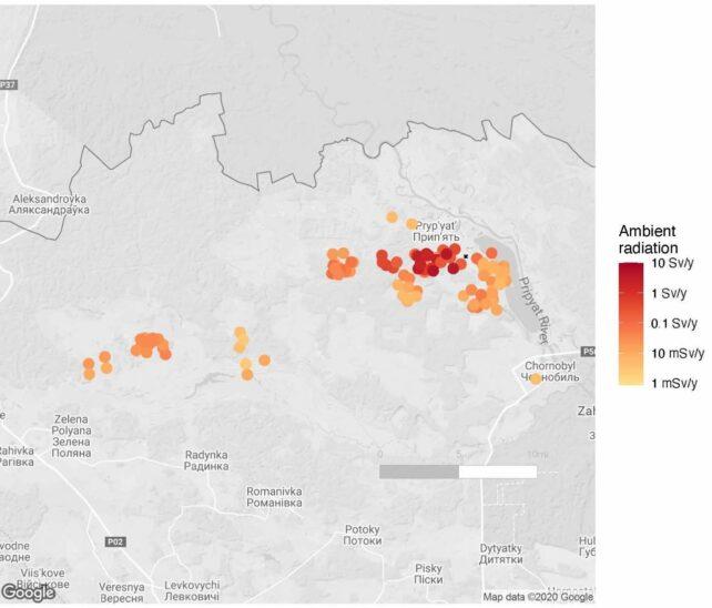 Mappa della zona di esclusione di Chernobyl, contrassegnata con punti colorati