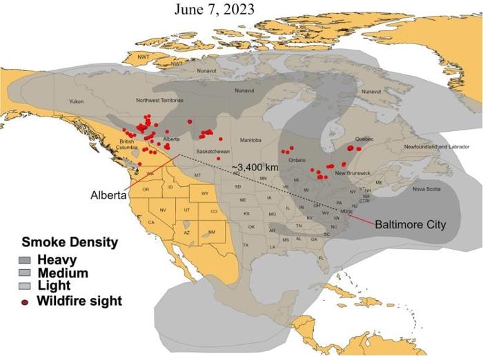 Distribuzione del fumo degli incendi boschivi durante i fuochi estivi del giugno 2024