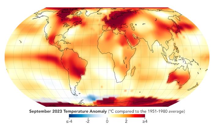 Mappa del globo che mostra le anomalie di temperatura per settembre 2023