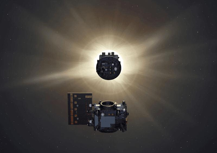 Uno dei due satelliti Proba-3 copre il sole, bloccando la sua luce dall'altro satellite per creare un'eclissi solare artificiale