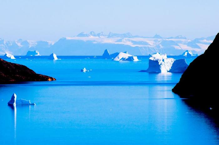 Icebergs galleggianti nell'acqua blu di Scoresby Sound, il fiordo più grande del mondo.