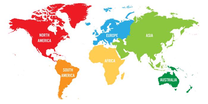 Mappa del mondo divisa in sei continenti