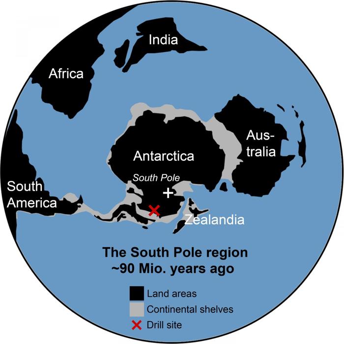 Mappa del sito di perforazione e come i continenti erano disposti 90 milioni di anni fa.