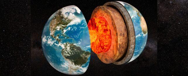 Una rappresentazione in 3D della struttura della Terra nello spazio, mostrando gli strati interni e il nucleo, su uno sfondo stellato scuro.