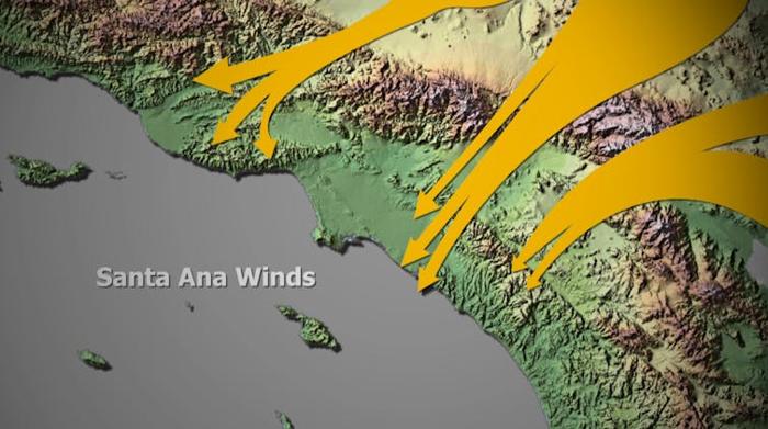 Una mappa mostra come soffiano i venti di Santa Ana.