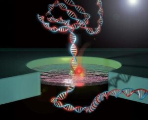 Singola molecola di DNA che si trasloca attraverso un nanoporo nanoprecipitato